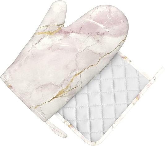 Oven Mitts and Pot Holders Light Pink White Marble Silicone Kitchen Accessories Set of 2 Heat Resistant Long Gloves Potholder Non-Slip Grip for Chef Cooking Baking Grilling BBQ