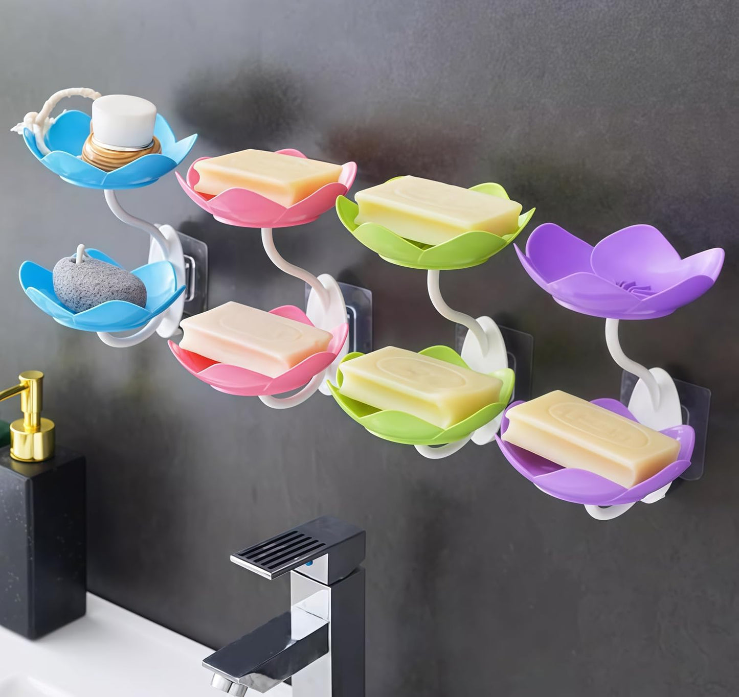 2 Pack Soap Dish Holder for Shower Bar Double Layer Cute Lotus Shape Adhesive Tray Sink Wall Mounted Shampoo NO-Drilling Self Draining Hanging Saver Rack Plastic Bathroom Bathtub Kitchen,Pink+Blue