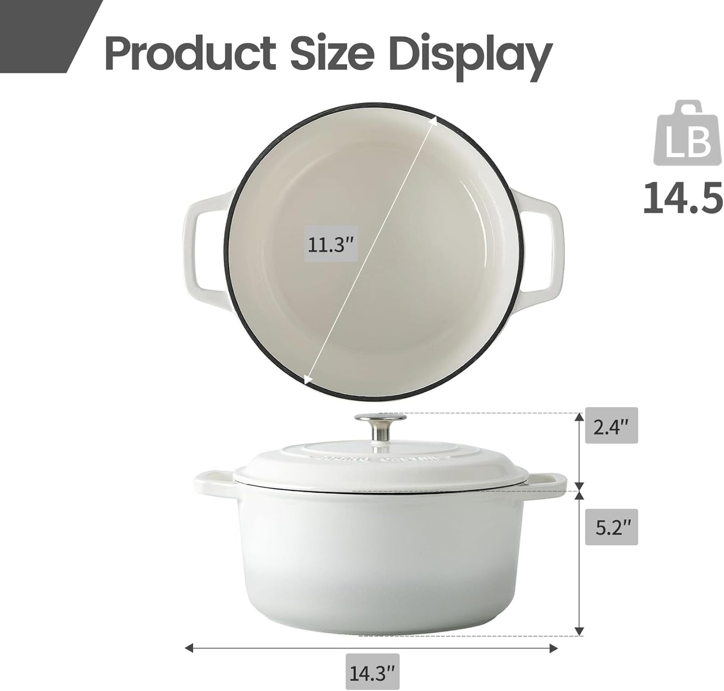 Enameled Cast Iron Dutch Oven Pot With Lid, Dutch Oven for Sourdough Bread Baking Round Pot Dule Handle, 7.5 Quart, White