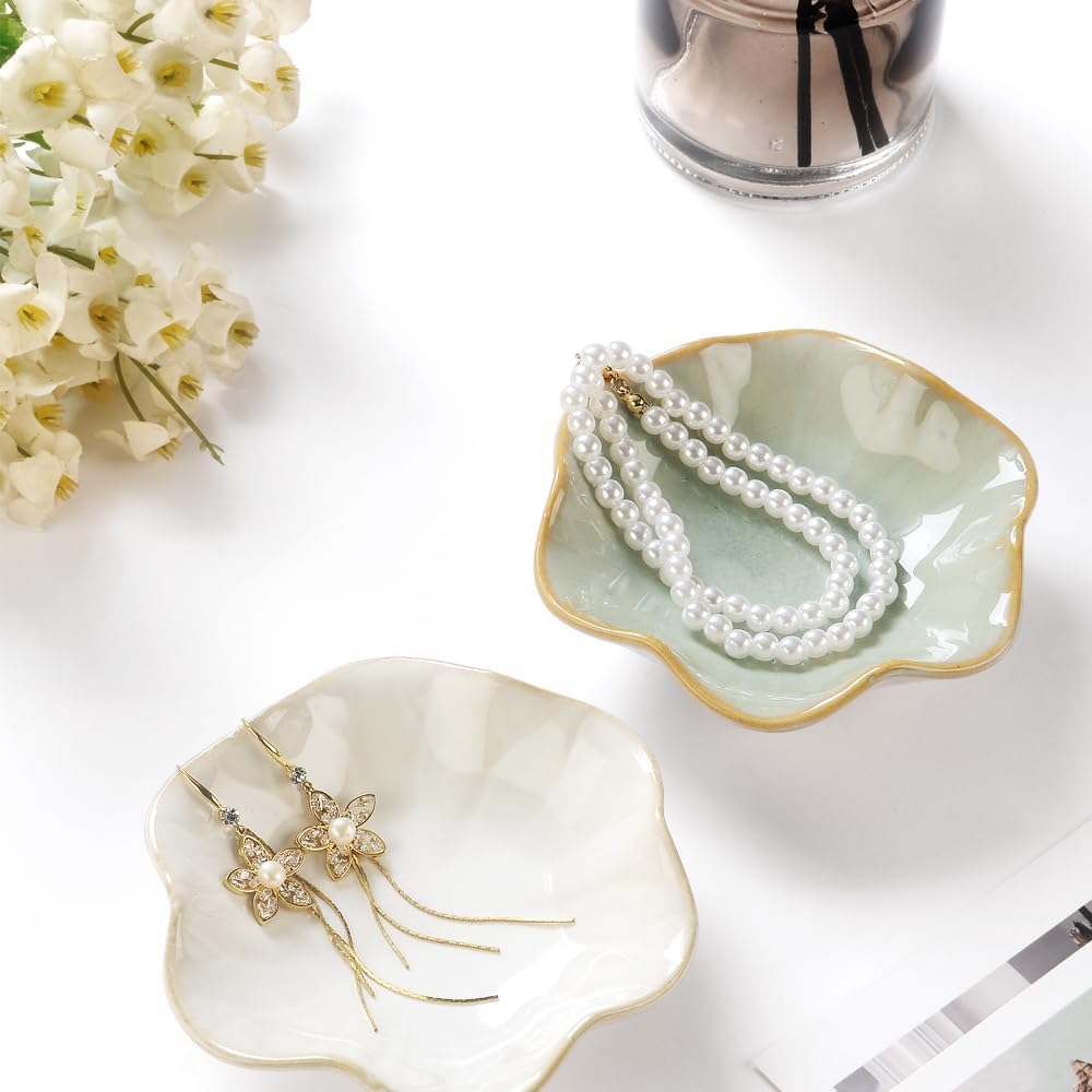 2PCS Lotus Leaf Shape Ring Holder Dish, Small Key Bowl, Ceramic Trinket Tray Jewelry Dish Organizing Necklace Earrings for Mom Friend Sister, All Jewelries Are NOT Included.White+Light Green.