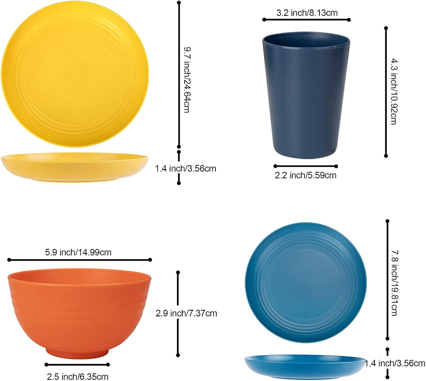 LIYH 48 Pcs Wheat Straw Dinnerware Plates and Bowls Set Dishwasher Safe Unbreakable Light Weight Plates Service for 12 Reusable Multicolor Dinnerware Set Dish Sets 24 Plate 12 Bowl 12 Cup