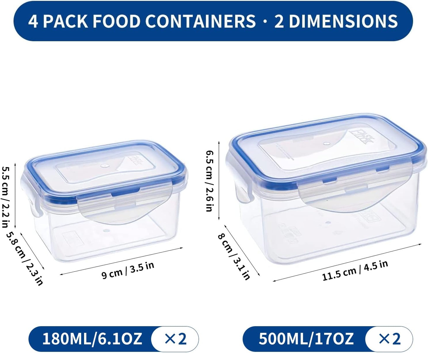 KIGI 4 Pack 17OZ 6OZ Small Plastic Containers Set Leakproof Rectangular Small Bento Box with Lids Airtight Mini Meal Prep