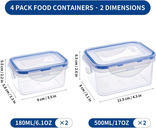 KIGI 4 Pack 17OZ 6OZ Small Plastic Containers Set Leakproof Rectangular Small Bento Box with Lids Airtight Mini Meal Prep