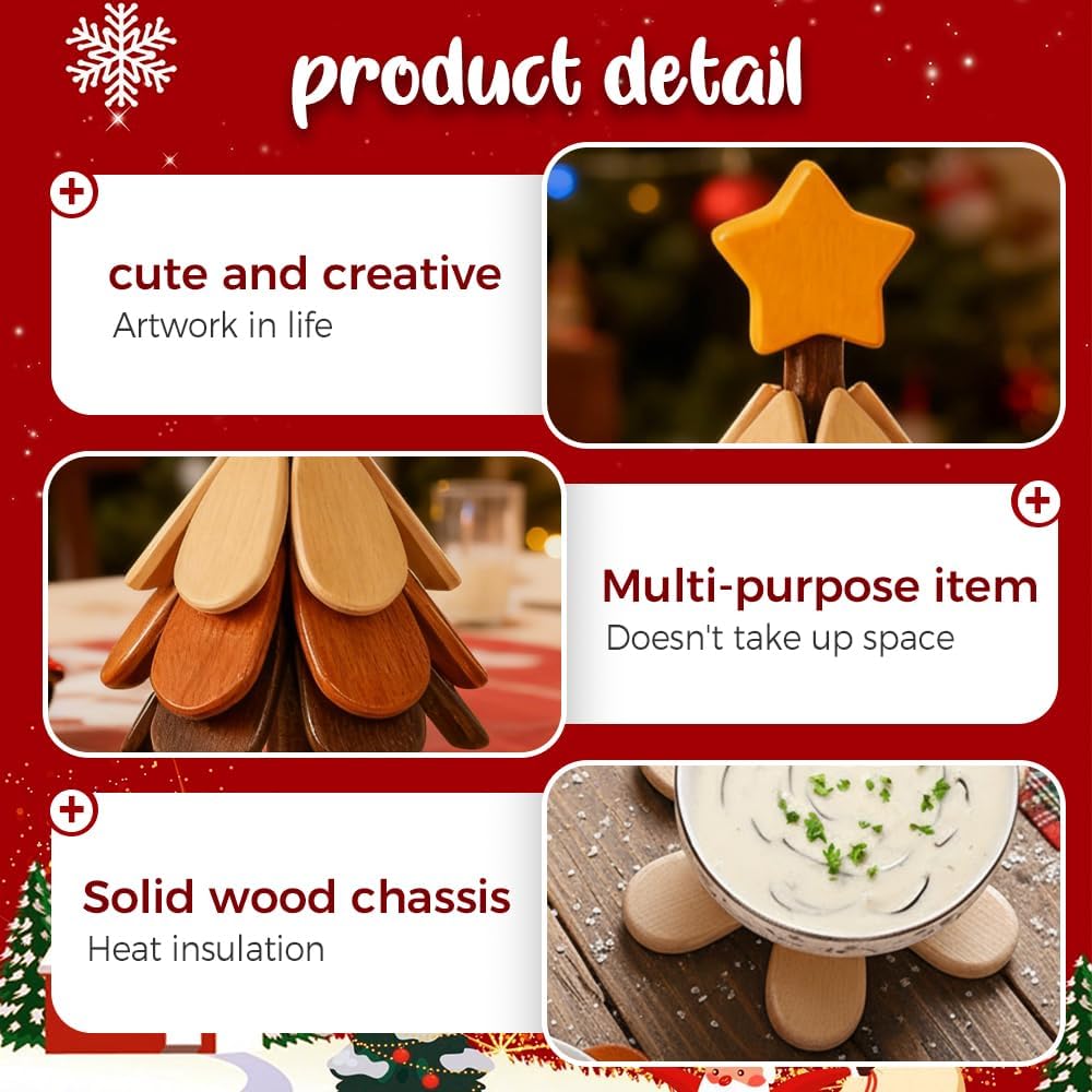 Wooden Trivets for Hot Dishes, 2026 New Handmade Wooden Christmas Tree Coasters for Bowls Teapots Drinks Plates, Home Table Decor, Tree Shape Trivet Set of 4 for Hot Pot Pans (B)
