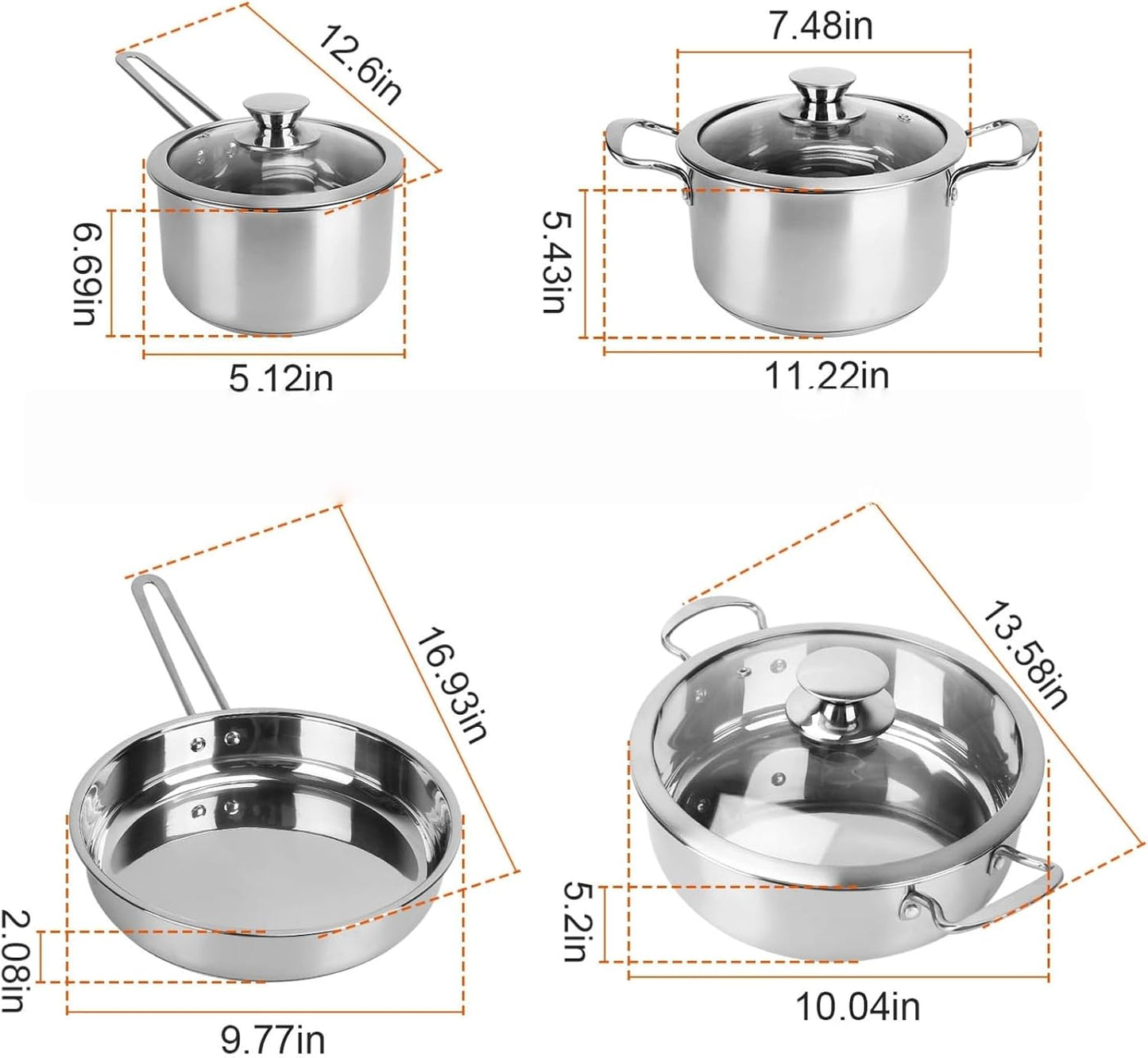 Stainless Steel Cookware Set Fast Even Heat Induction Pots Pans Set Dishwasher Safe with 2.7/3.7 Quart Stockpot 2 Quart Saucepan 9.17in Frying Pan
