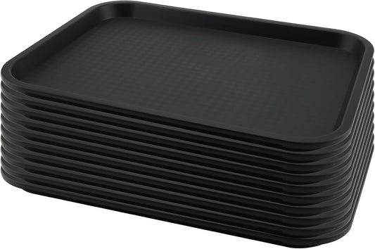 10 Pack 14x10 Inch Black Fast Food Tray, Large Rectangular Restaurant Serving Trays, Plastic Cafeteria Trays School Lunch Trays