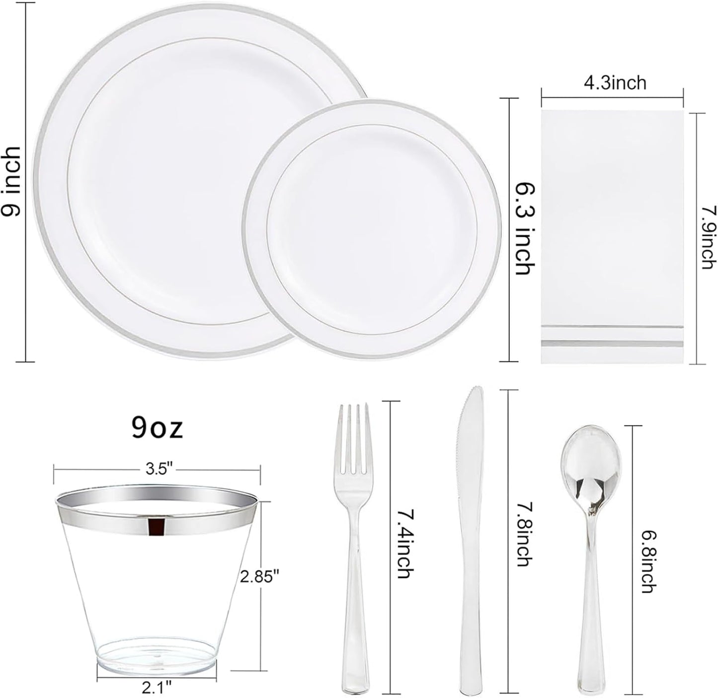 GATHER 700PCS Silver Plastic Plates - Silver Plate Set 100Guest - Disposable Dinnerware Sets 100Silver Rim Dinner Plates 100Silver Dessert Plate 100Paper Napkins&Cups&silver Plastic Silverware Set