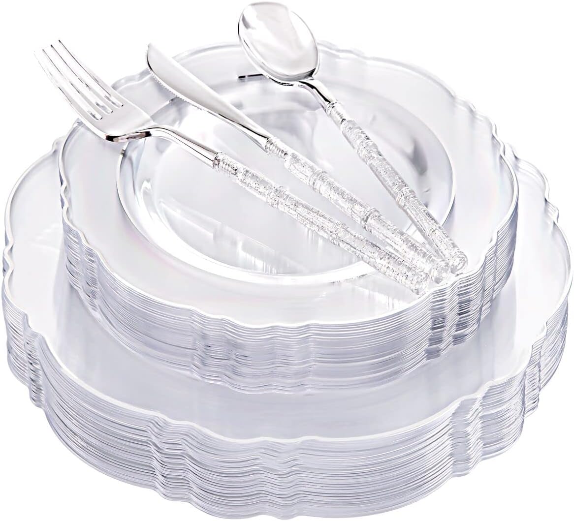 Ciaell 150PCS Clear Silver Plastic Plates & Disposable Plastic Silverware with Glitter Bamboo Handle Cutlery - Baroque Clear Silver Disposable Plates for Weddings & Parties
