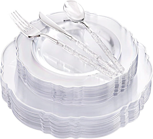 Ciaell 150PCS Clear Silver Plastic Plates & Disposable Plastic Silverware with Glitter Bamboo Handle Cutlery - Baroque Clear Silver Disposable Plates for Weddings & Parties