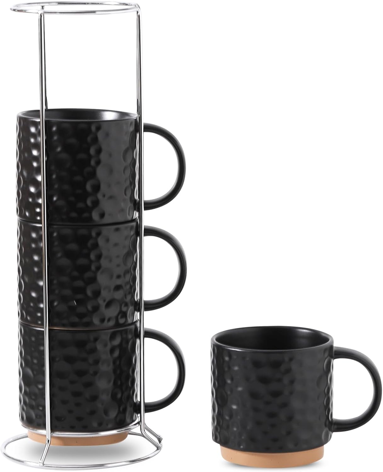 Nihow Ceramic Coffee Mug Set of 4, 16OZ Stackable Coffee Mug Set with Stainless Stand,Large Cup Set for Cappuccino,Tea,Hot/Cold Drinks,Dishwasher & Microwave Safe,Matte Black