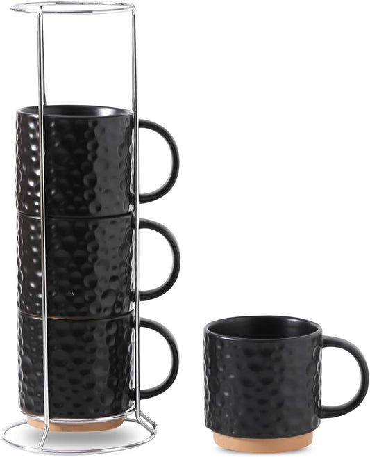 Nihow Ceramic Coffee Mug Set of 4, 16OZ Stackable Coffee Mug Set with Stainless Stand,Large Cup Set for Cappuccino,Tea,Hot/Cold Drinks,Dishwasher & Microwave Safe,Matte Black