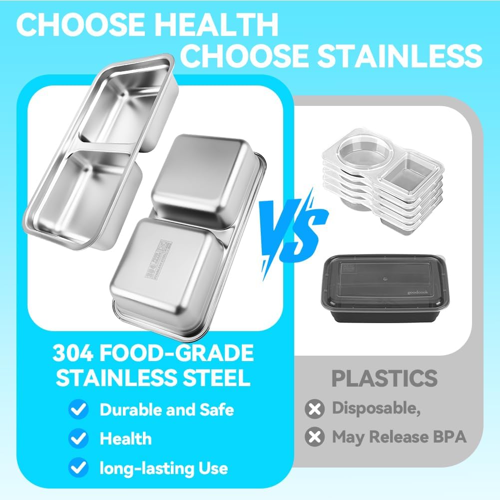 2 Pack Stainless Steel Snack Containers, Reusable Grab and Go Snack Containers with Lids, Double Compartment Food Storage Containers for Travel, Outdoor Camping