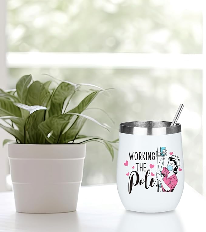 Funny Wine Tumbler, Nurse Accessories for Work, Nurse Gifts for Women, Nursing RN Gifts for Nurses Practitioner Birthday Christmas, Coffee Cup Insulated Stainless Steel 12oz Wine Glass with Lid, Straw
