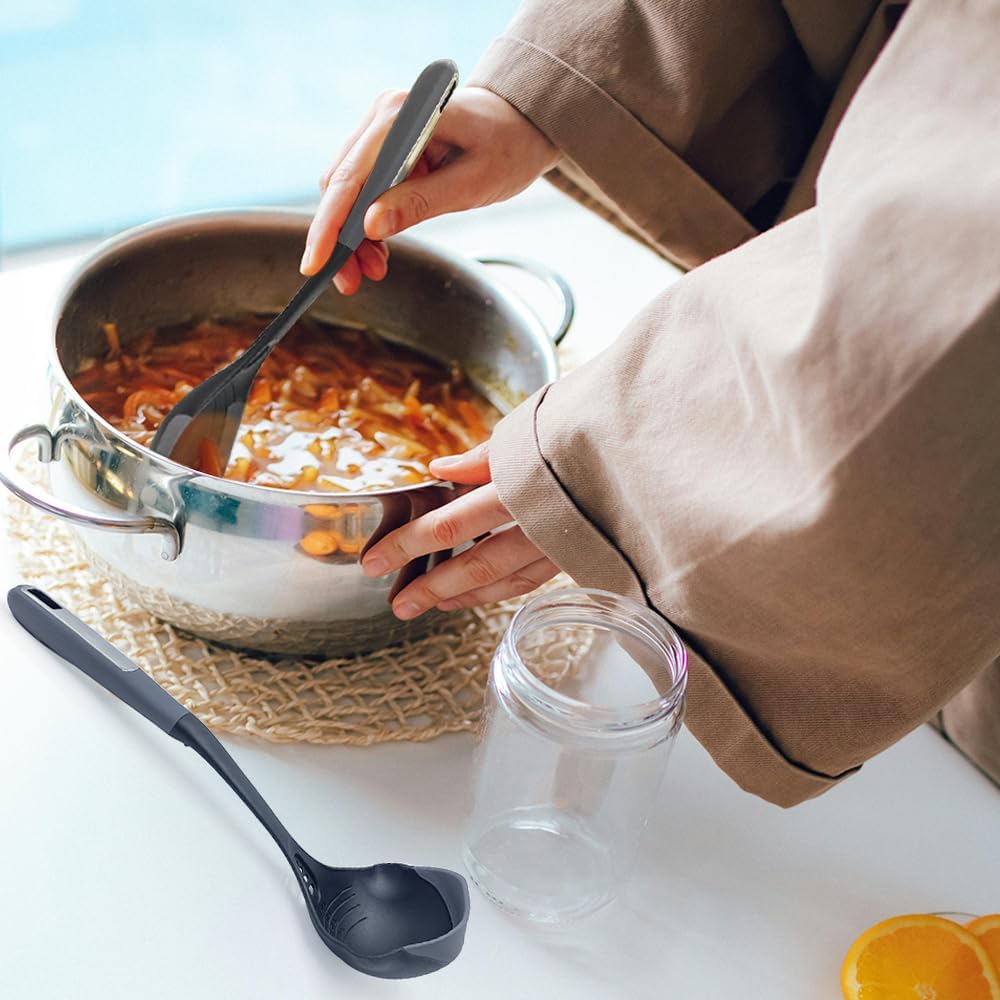 Flexible & Sturdy Kitchen Ladle Spoon Set for Nonstick Pots n Pans | Heat-Resistant Soup Ladle Canning Serving Spoons with Measurement Marks | Dishwasher Safe Cooking Utensil Tools
