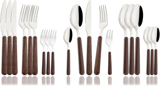 JASHII Wood Handle Flatware Set, 20 Pieces Stainless Steel Silverware Cutlery Set, Mirror Polished, Round Knife Fork Spoon Set, Dishwasher Safe - Round Head Silver