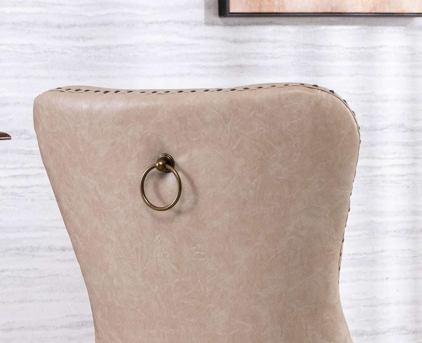 Beige Leather Dining Chairs Set of 6 Mid Century Modern Tufted Chairs Armless Rubber Wood Vintage Chairs Upholstered Nailhead PU Side Chair with Pull Ring for Kitchen/Cafe Decor Furniture