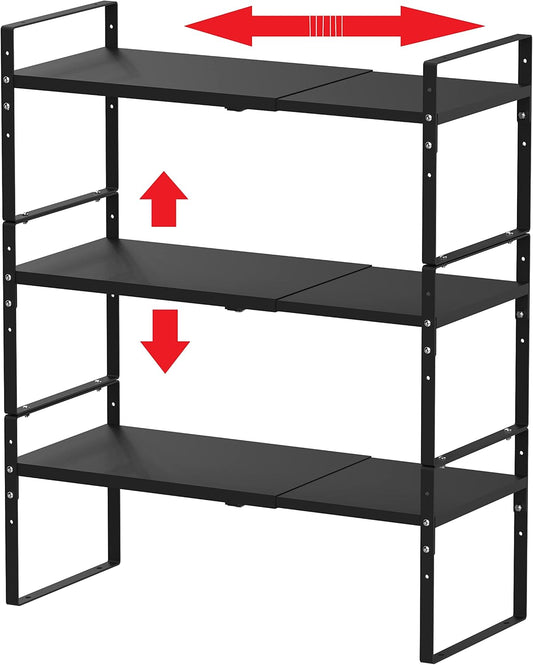 Expandable Stackable Spice Rack Cabinet Shelf Organizer in Cabinets Shelves Kitchen Cupboard Organization Stack up Racks Pantry Countertop Storage Medium/Black 3 Packs