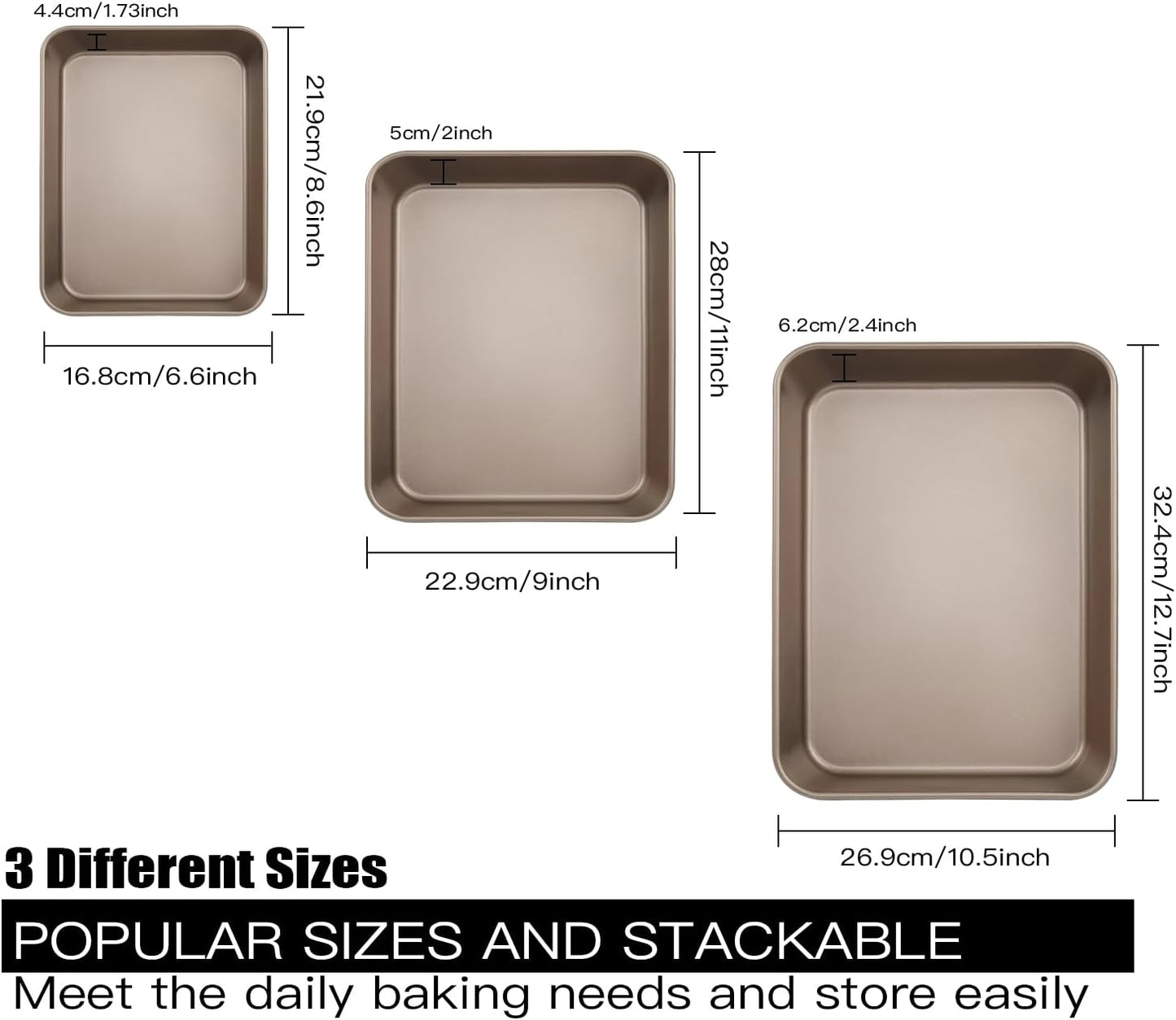 3 Pack Baking Sheet Pans, Deep Size Baking Pan Nonstick Cookie Sheet Brownie Cake Pan Bread Pan Toaster Oven Tray Bakeware (8.6 x 6.6 x 1.7'',11 x 9 x 2",12.7 x 10.6 x 2.4'')