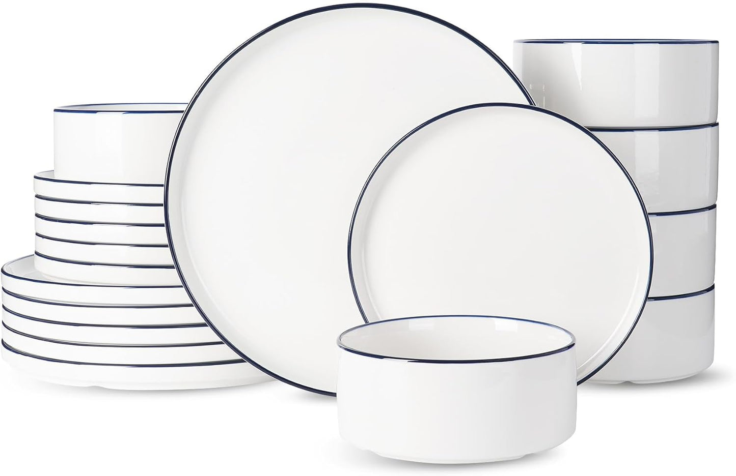 Famiware Porcelain Dinnerware Set, 18-Piece Modern Plate and Bowl Set, dish set for 6, Microwave and Dishwasher Safe Tableware, White with Blue Trim