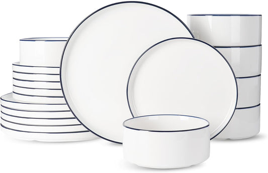 Famiware Porcelain Dinnerware Set, 18-Piece Modern Plate and Bowl Set, dish set for 6, Microwave and Dishwasher Safe Tableware, White with Blue Trim