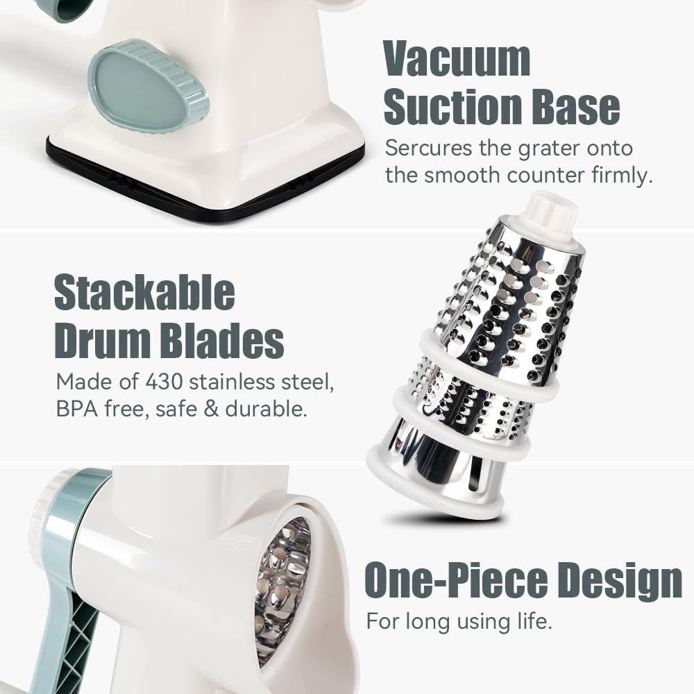 KEOUKE Rotary Cheese Grater Hand Crank White - Shredder Slicer Grinder 3 Stainless Steel Blades, Stable Suction, Labor-Saving Handle, Safe Kitchen Tool for Cheese, Vegetable, Nuts, Chocolate