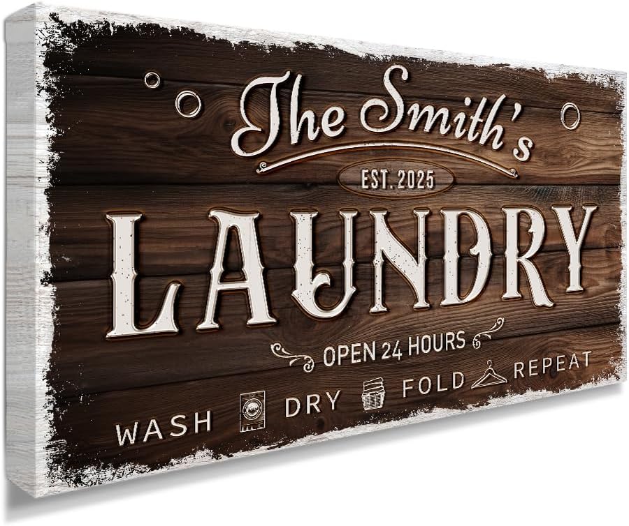 IPIC - Personalized Laundry Room Sign, Custom Canvas Wall Art with Family Name, Rustic Home Decor Printed Acid-Free Cotton Canvas for Business and Home, Made in USA and Ready to hang for Laundry Decor