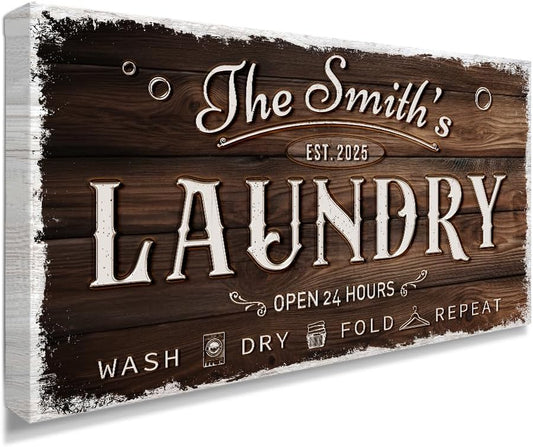 IPIC - Personalized Laundry Room Sign, Custom Canvas Wall Art with Family Name, Rustic Home Decor Printed Acid-Free Cotton Canvas for Business and Home, Made in USA and Ready to hang for Laundry Decor