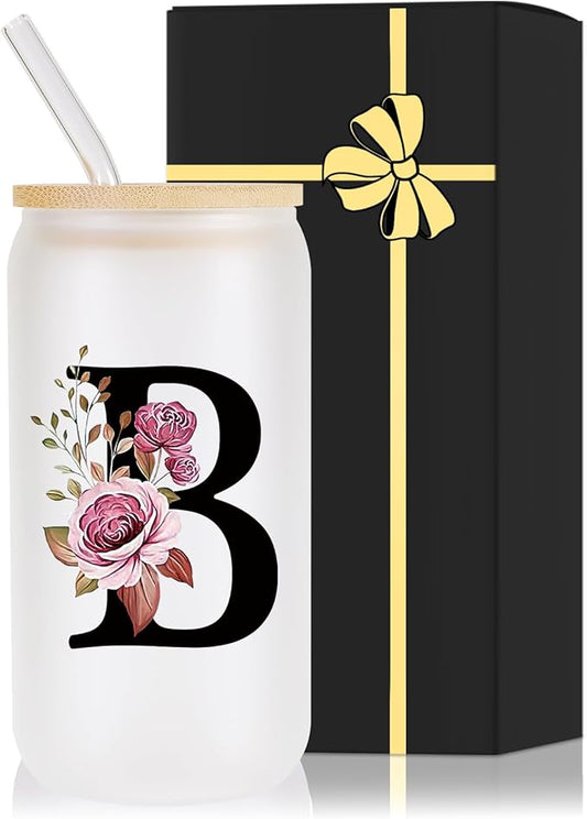 Monogrammed Glass Drinking Cup With Lid Straw Women Girl Friend Birthday Gift 16th 18th 19th 20th 21st 30th 40th 50th 60th 70th 80th 90th 45th 65th 75th 1974 1964 40 60 70 Year Old Funny Meaningful,B