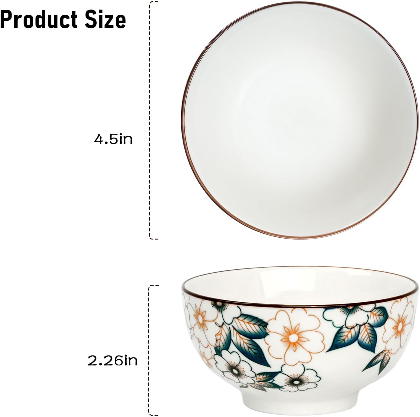 Flower Edge Ceramic Bowls, 4.5-Inch for Kitchen,Rice and Salad, Various Combinations of Japanese Style Blue and White Porcelain (Set of 4)