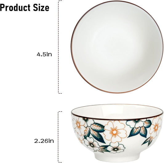 Flower Edge Ceramic Bowls, 4.5-Inch for Kitchen,Rice and Salad, Various Combinations of Japanese Style Blue and White Porcelain (Set of 4)