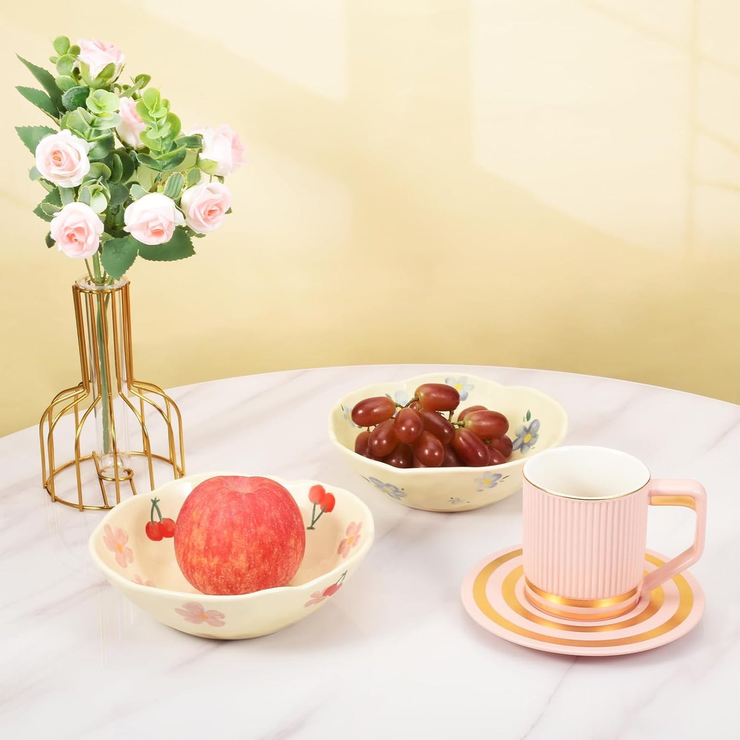 Koythin Salad Bowls Set of 2, Cute Blue Flower Ceramic Bowls, Cream Yellow Serving Bowl for Pasta, Cereal, Fruit, Soup, Rice, Dishwasher and Microwave Safe (Blue Flower Set of 2)