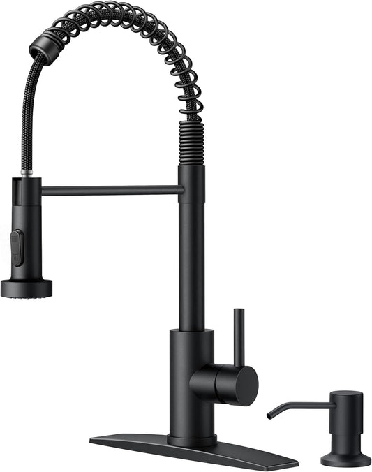FORIOUS Black Kitchen Faucet with Soap Dispenser, Single Handle Stainless Steel Spring Sink Faucet with Pull Down Sprayer Transitional for Pot Filler, Farmhouse Camper Bar Laundry Room