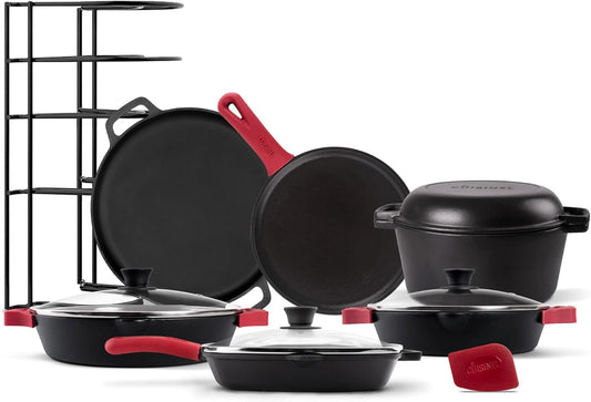 Cuisinel Cast Iron 18-Piece Preseasoned Cookware Set: 10"+12" Skillets w/Lids + 5-Qt Dutch Oven + 10.5" Square Grill Pan w/Lid + Pizza Pan + Round Griddle + 15" Organizer +Scraper + Silicone Handle