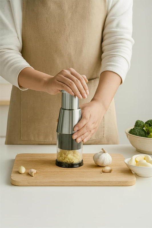 Stainless Steel Garlic Press Mincer with Comfortable Grip, Built-in Spring, 6.3 Inch Height, Clear Collection Cup