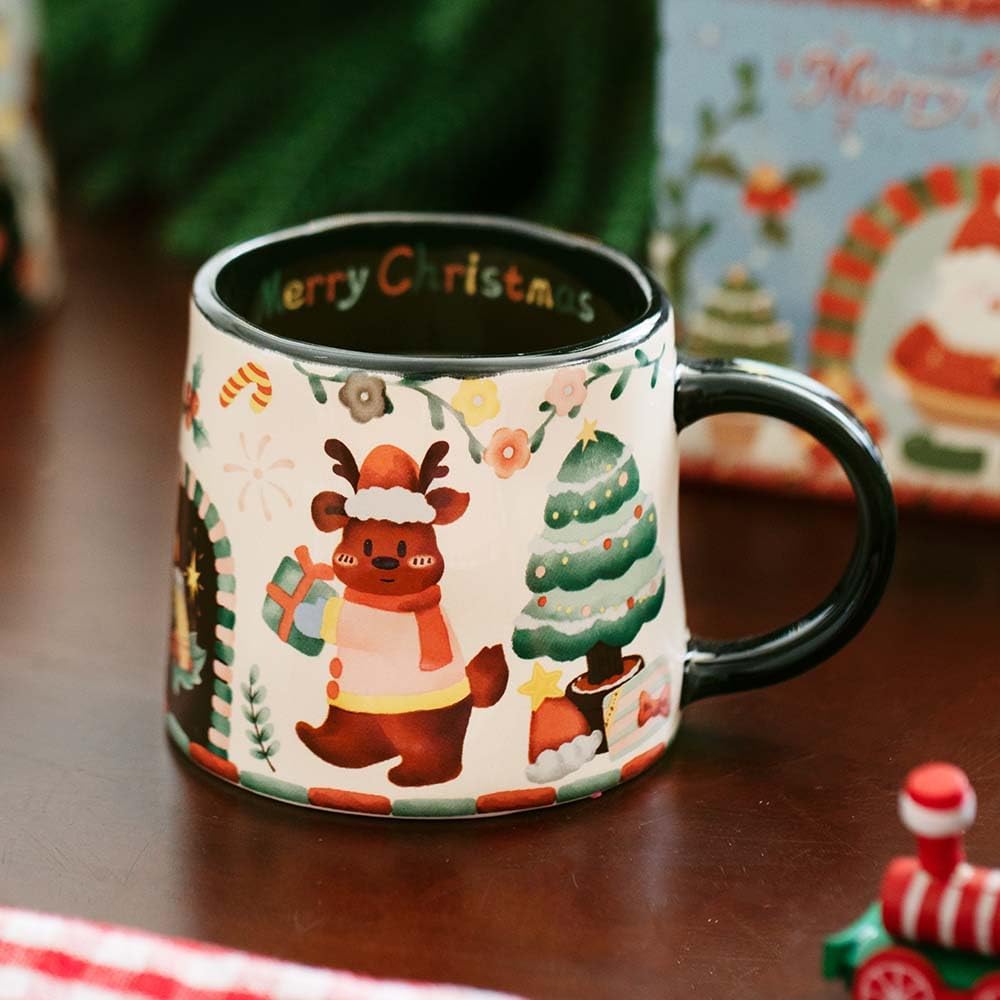 280ml/9.47oz Set of 2 Christmas Coffee Ceramic Mugs with Cute Design,Christmas Coffee Cup with Gift Box,Ceramic Mug as Christmas Gifts for Family, Friends and Colleagues
