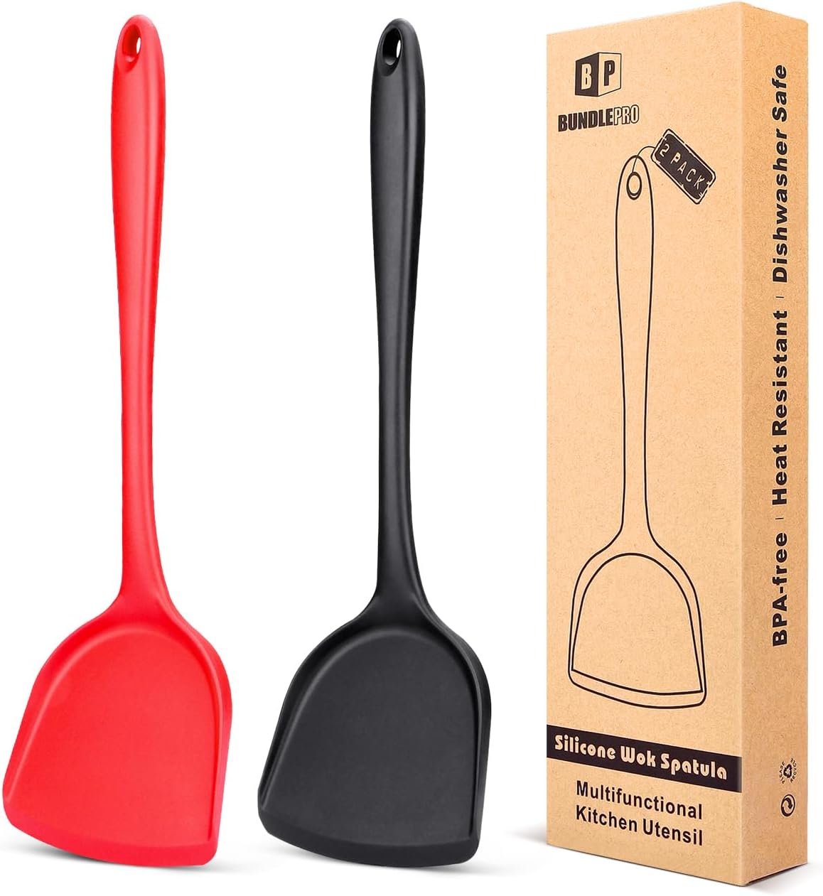 Pack of 2 Silicone Wok Spatula, Non-Stick, Heat Resistant, Easy to Clean and Dishwasher Safe, Seamless Kitchen Utensil for Cooking, Baking, Stir-Fry (Black-Red)