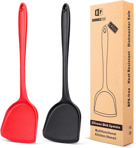 Pack of 2 Silicone Wok Spatula, Non-Stick, Heat Resistant, Easy to Clean and Dishwasher Safe, Seamless Kitchen Utensil for Cooking, Baking, Stir-Fry (Black-Red)