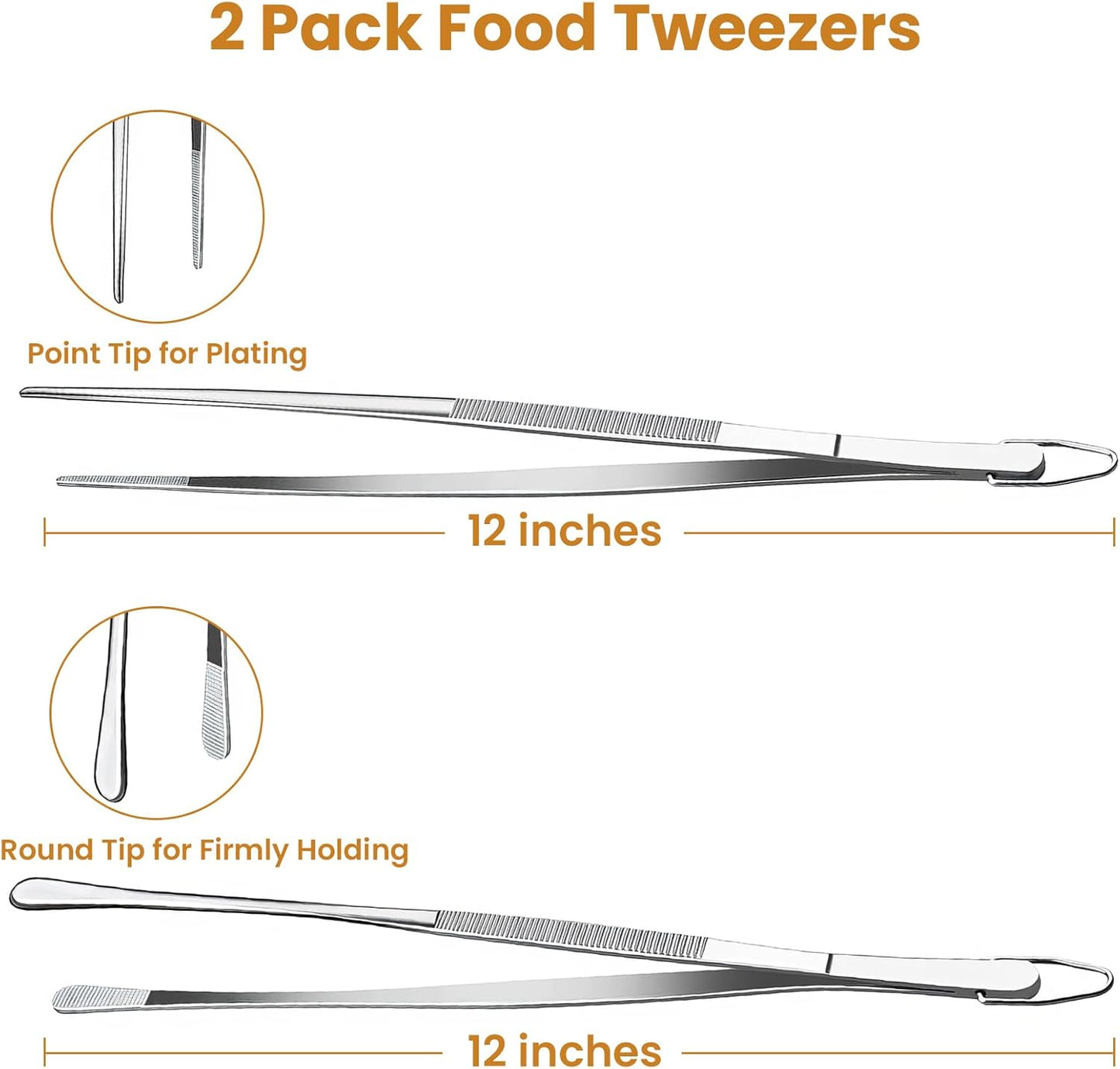 GEEKHOM 2 Pcs 12" Stainless Steel Tweezer Tongs, Silver Kitchen Utensils for Multi-Purpose Cooking, Frying, Garnish, Air Fryer & Camping