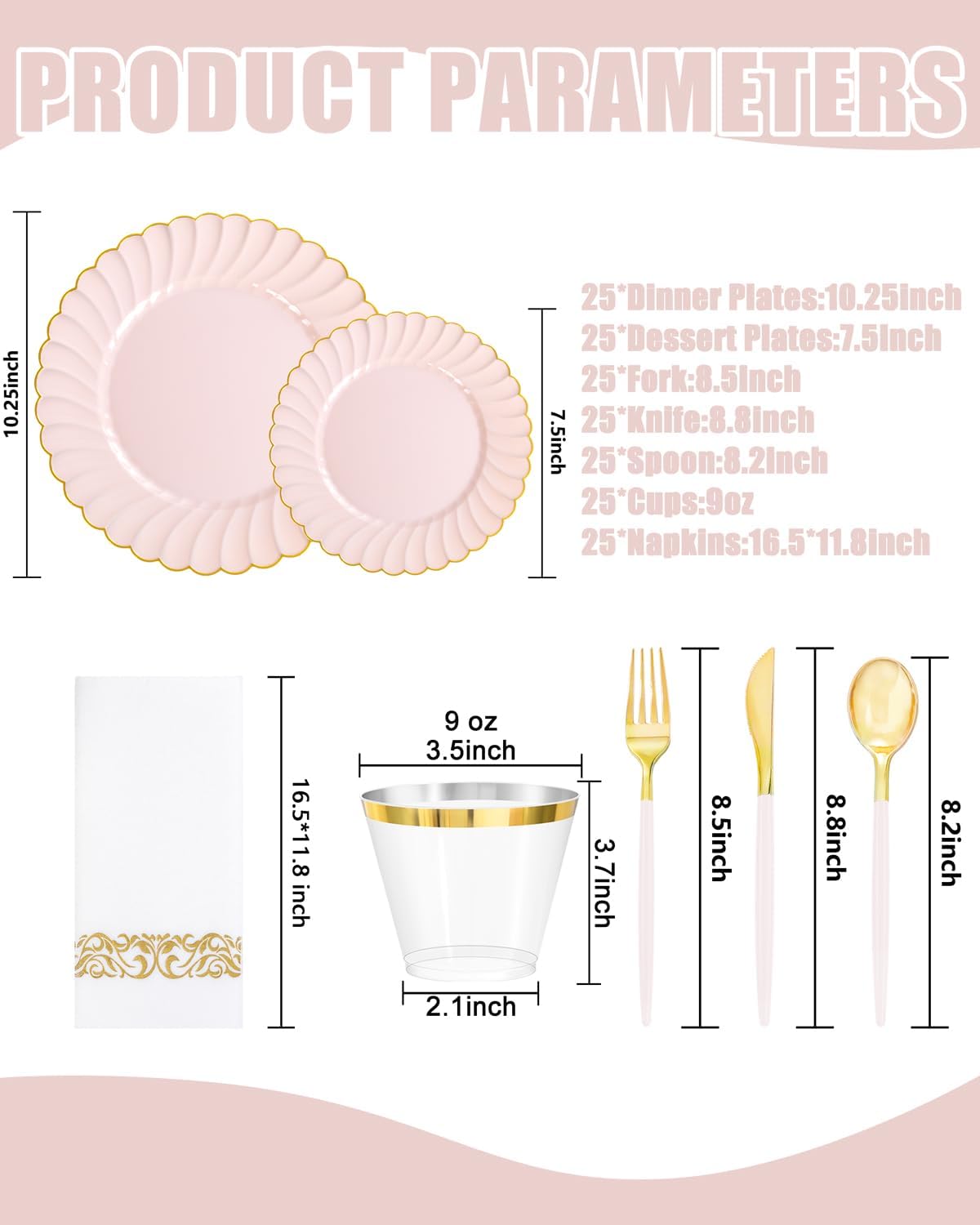 Ciaell 175 PCS Pink Scalloped Plastic Plates with Gold Trim - Pink Plastic Silverware with Handle - Fancy High-End Dinnerware Sets for Wedding & Showers & Party & Anniversary (25 Guests)