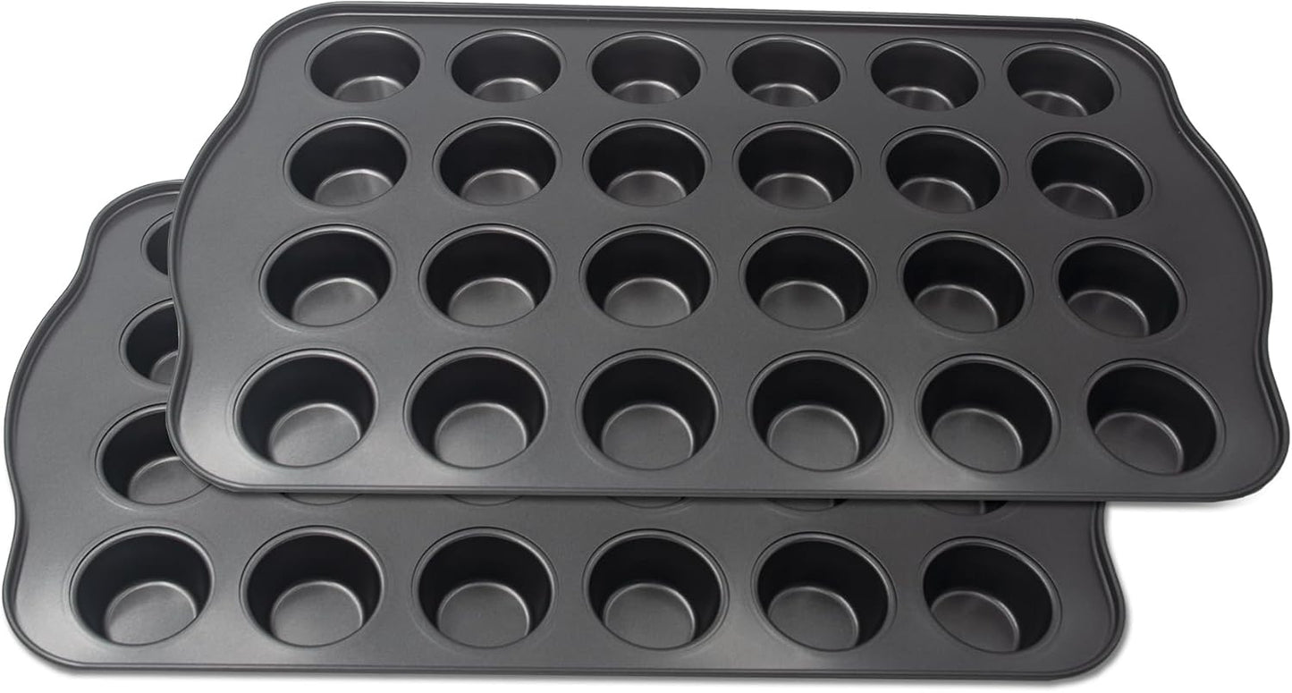 Non-Stick Mini Cupcake Pan, 1.97" 24-Cup Set of 2 Baking Pans, Heavy Duty Carbon Steel Tin for Mini Muffins & Cupcakes