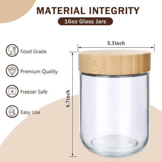 OcePor 6 Pack 16oz Glass Jars with Bamboo Lids, Over Night Oats Container with Airtight Lid, Glass Snack Storage Salad Jars For Food, Yogurt, Sugar and Flour,Coffee Bean, Cookie, Cereal