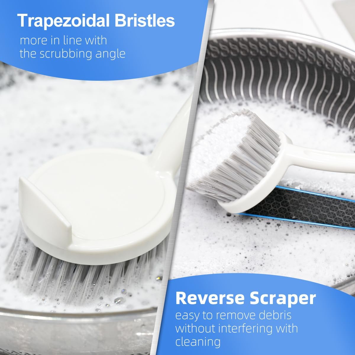 2 Pack Dish Brush Set with Dish Brush with Handle and 2-in-1 Water Bottle Brush with Removable Straw Brush for Bottles Cups, Dish Scrub Brush with Scraper Tip for Dishwashing Pans Pot Sink