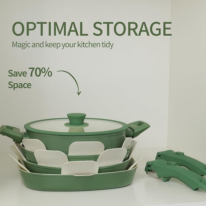 23pcs Ceramic Pots and Pans Set, Nonstick Detachable Handle Cookware, Induction Kitchen Cooking Set with Removable Handle,include Frying Pans & Saucepans Oven Safe(Green)