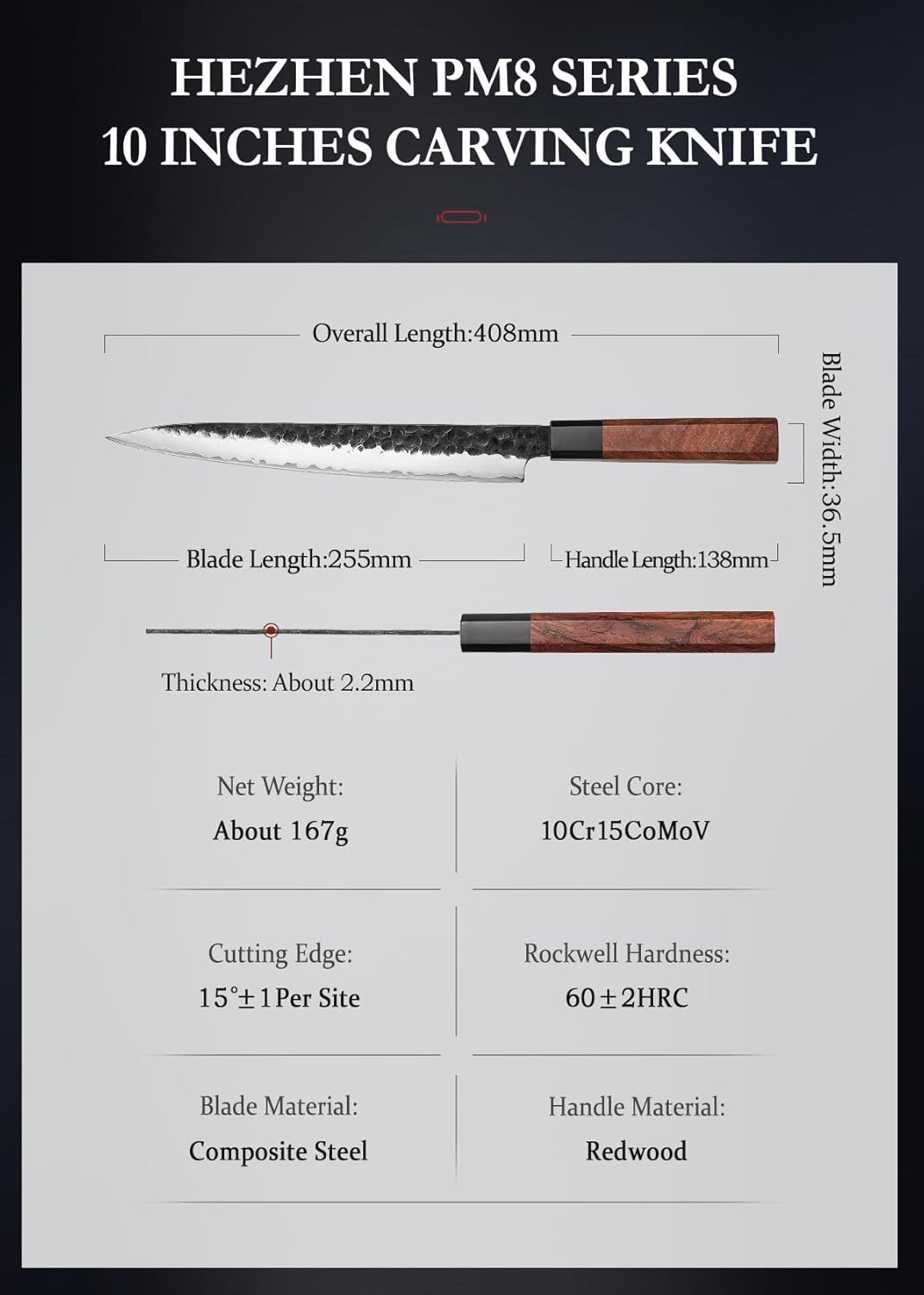 HEZHEN Carving Knife, 10 Inches, Meat Cutting and BBQ Knife, 3 Layers High Carbon Clad Steel Brisket Slicing,Breaking Butcher, Redwood Octagonal Handle