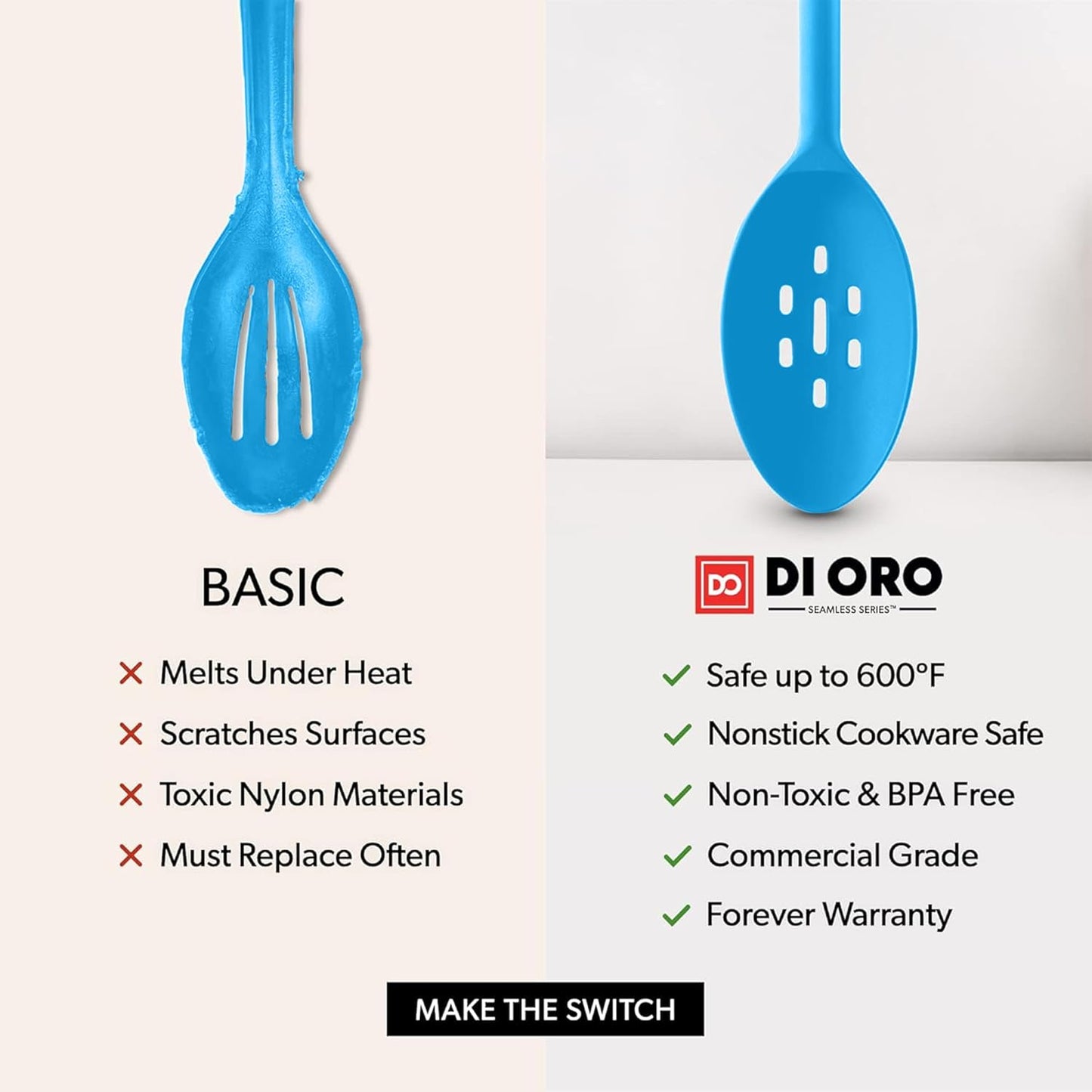 DI ORO Silicone Ladle & Spoons for Cooking – Large Kitchen Spoons for Mixing, Serving, & Stirring - Soup Ladle with Wide Bowl - High Heat Silicone Kitchen Utensils for Nonstick Cookware Safe (Blue)