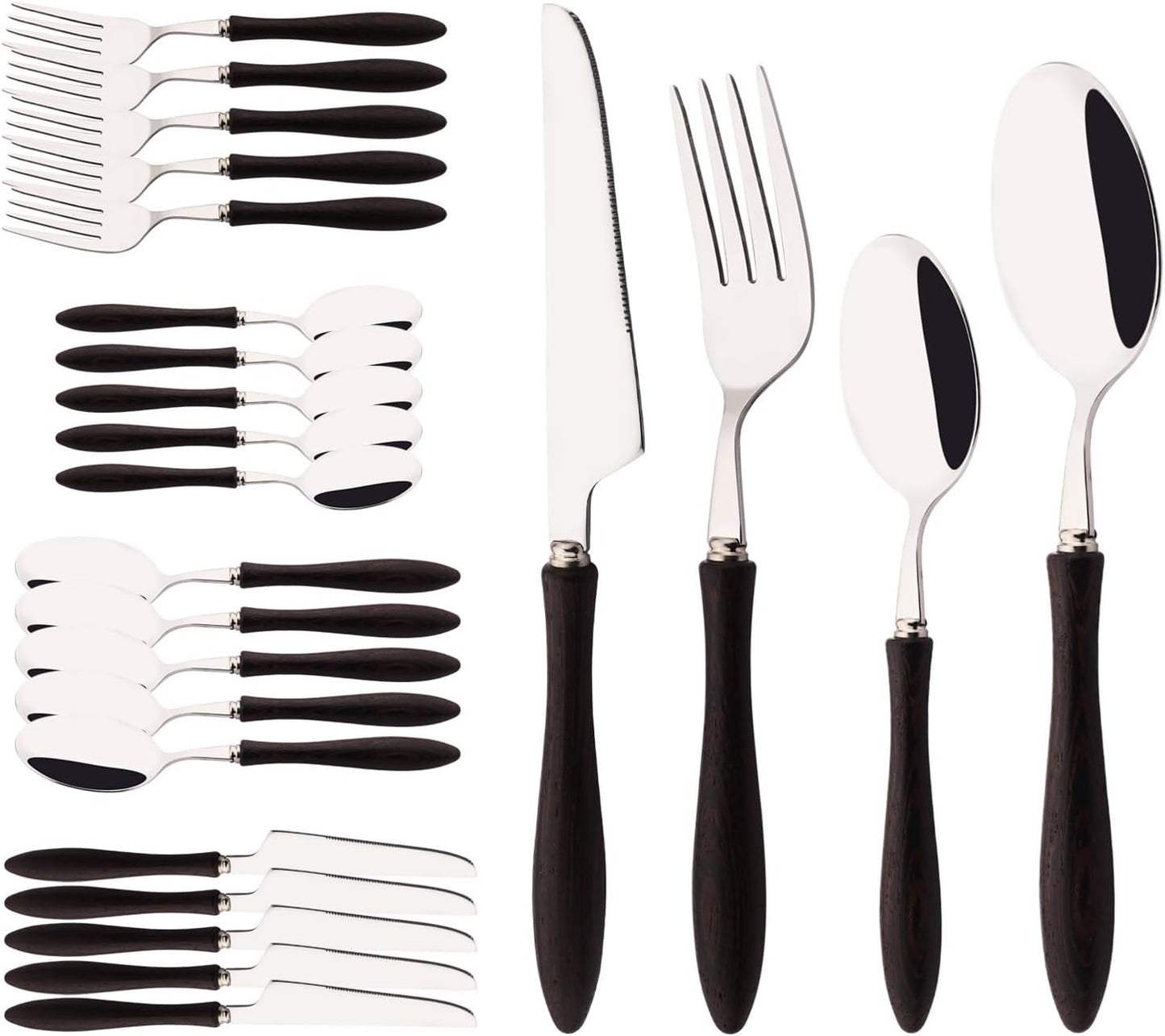 304 Stainless Steel Flatware Silverware Set with Wooden Handles, Rustic Tableware Cutlery Set for 6, Natural Wood Grain Knives Forks Spoons Set, (24 PCS, Wenge Wood Handle)