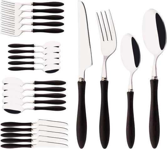 304 Stainless Steel Flatware Silverware Set with Wooden Handles, Rustic Tableware Cutlery Set for 6, Natural Wood Grain Knives Forks Spoons Set, (24 PCS, Wenge Wood Handle)