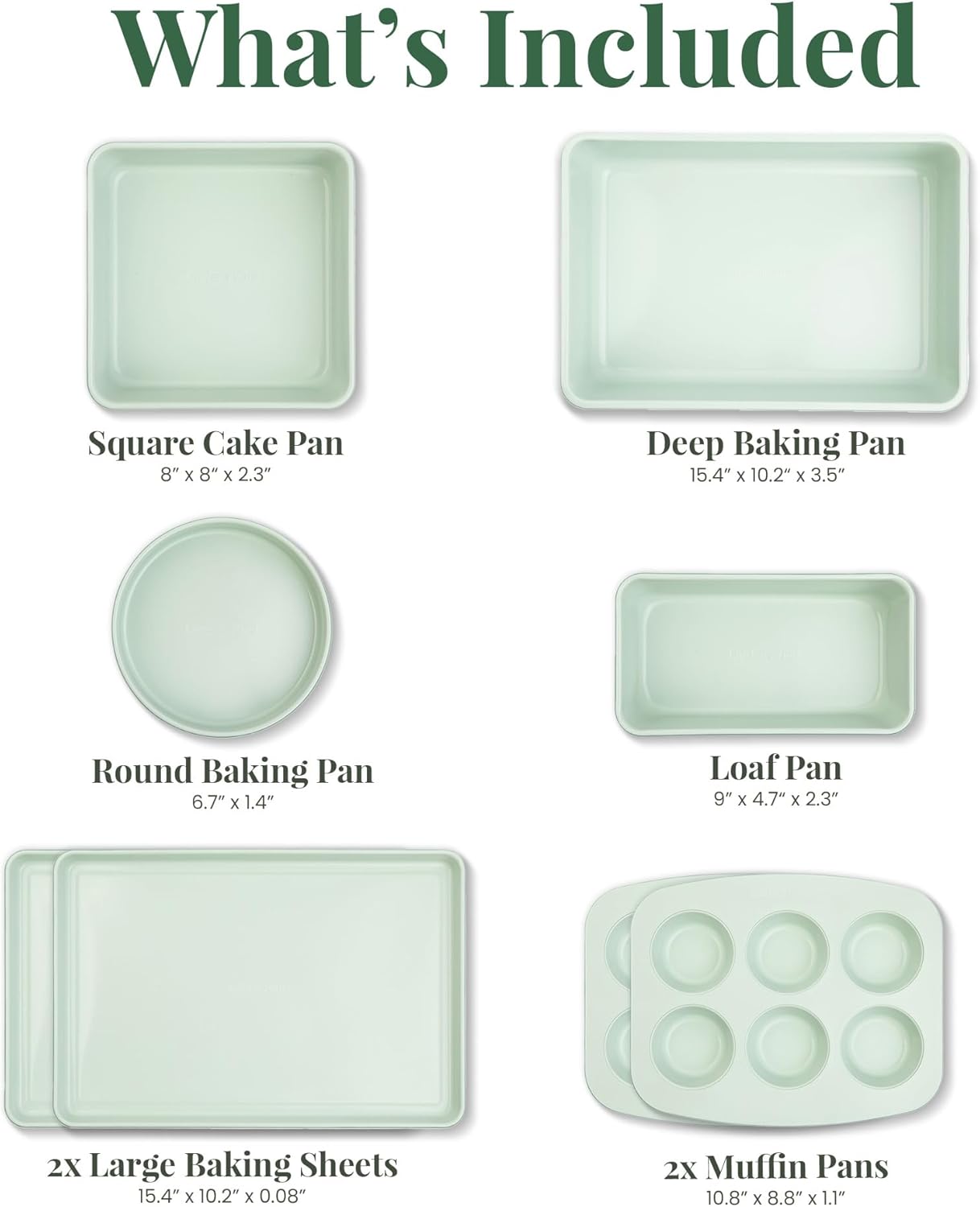 Larder & Vine 8-Piece Bakeware Set | Non-Stick Baking Set with Ceramic Finish | PFAS, PFOA, PTFE, and BPA Free Baking Essentials | Baking Sheets, Muffin Tins and Assorted Baking Pans | Sage
