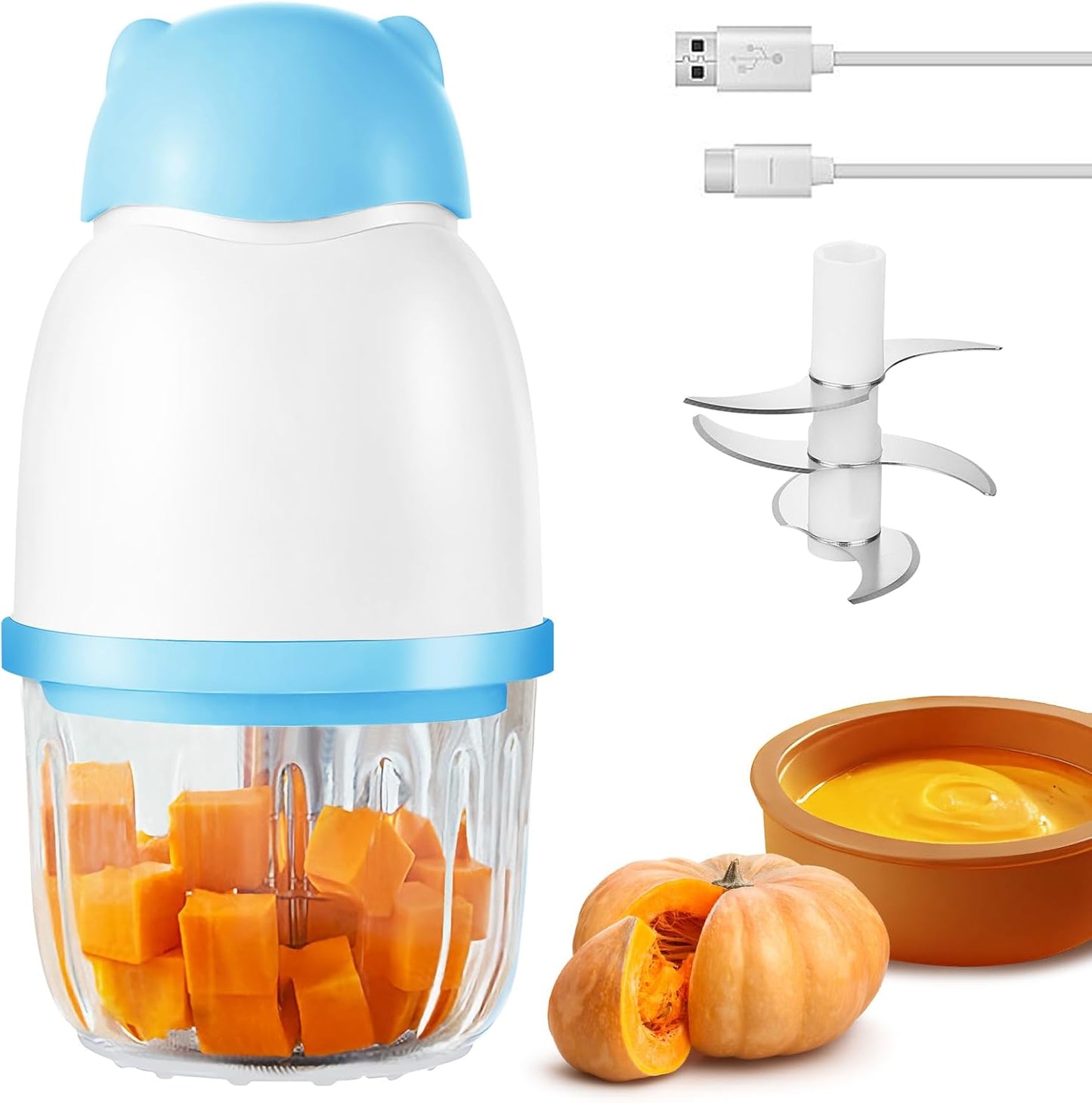 Baby Food Maker, Cordless Food Processor Puree Blender with 350ml Glass Bowl ＆ 6 Sharp Blades, Small Wireless Chopper Baby Puree Maker, Mini Rechargeable Chopper Kitchen Mixer for Fruit,Vegetable,Meat