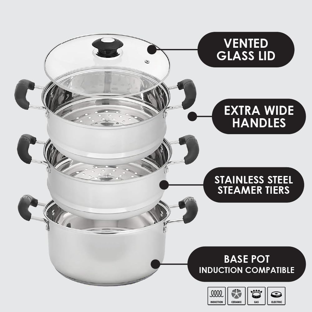CONCORD 10" Stainless Steel 3 Tier Steamer Steaming Pot Cookware 24 CM (Induction Compatible)
